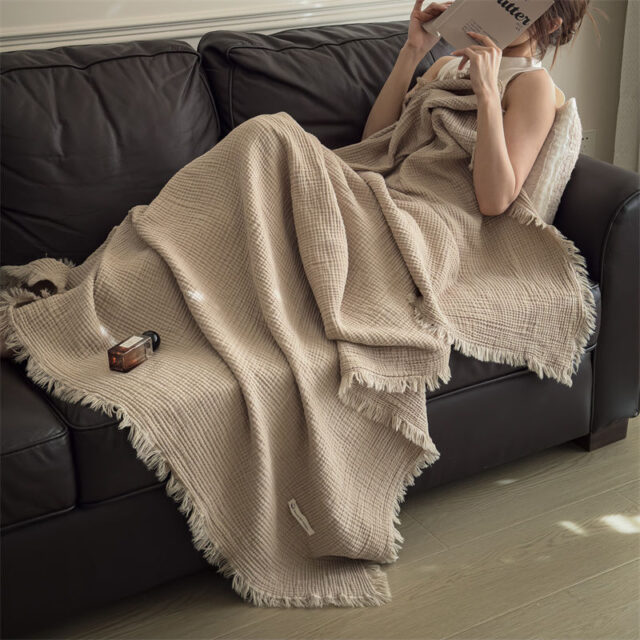 A-Grade 100% Cotton Woven Fringe Blanket 6-Layer Gauze Throw for Sofa Nap Use (3) A-Grade Cotton Gauze Blanket with Fringe for Nap and Sofa Throw Use