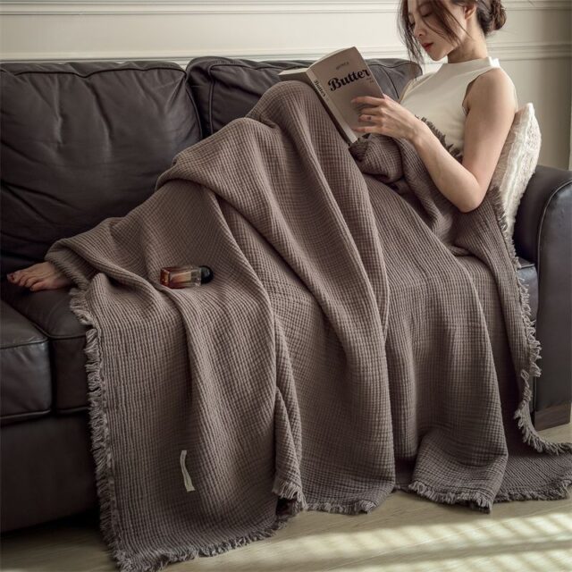 A-Grade Cotton Gauze Blanket with Fringe for Nap and Sofa Throw Use